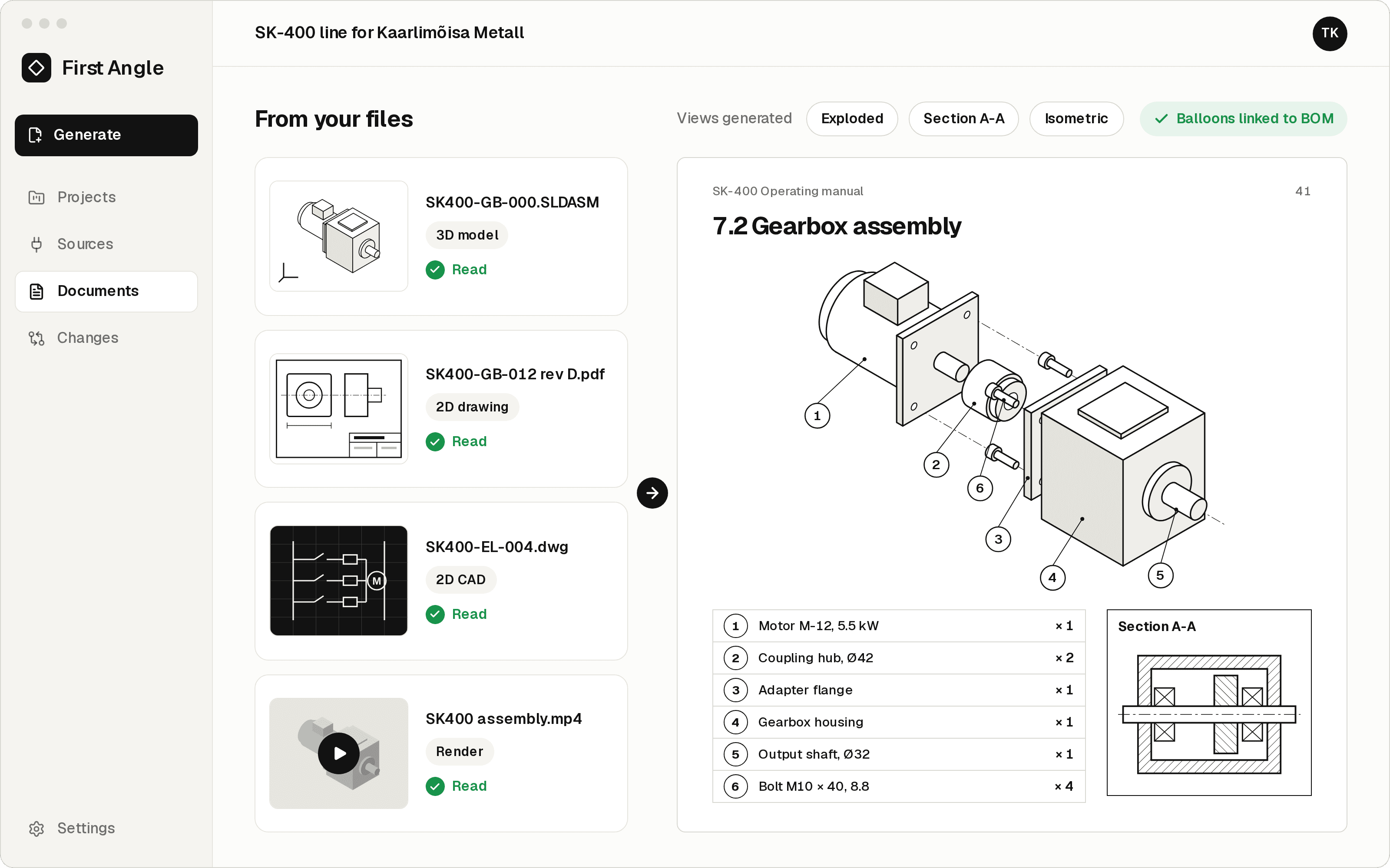 From your files: a 3D model, a 2D drawing, a 2D CAD schematic and a render, all read. Operating manual section 7.2 Gearbox assembly, drawn from them: an exploded view with six balloons, a parts list linked to the BOM and section A-A.