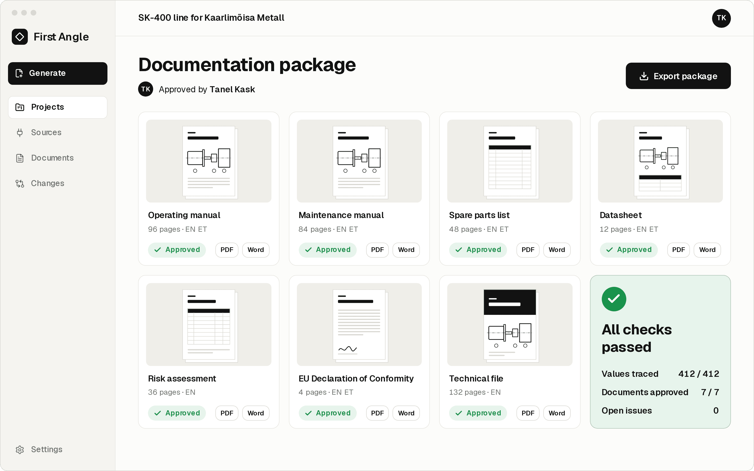 The documentation package for the SK-400 line: seven documents approved by Tanel Kask, each with PDF and Word export, and all checks passed with 412 of 412 values traced.